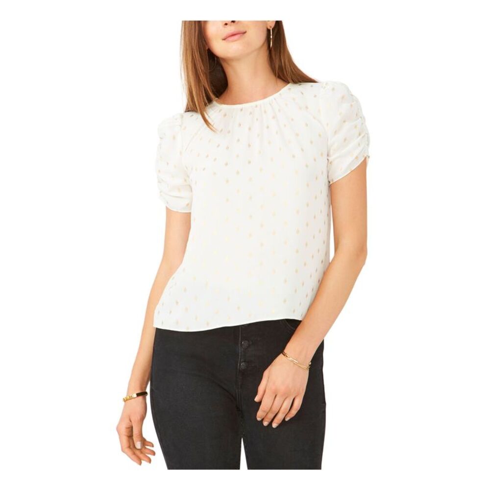28TH & PARK Womens Ruched Gathered Keyhole Back Short Sleeve Jewel Neck Top